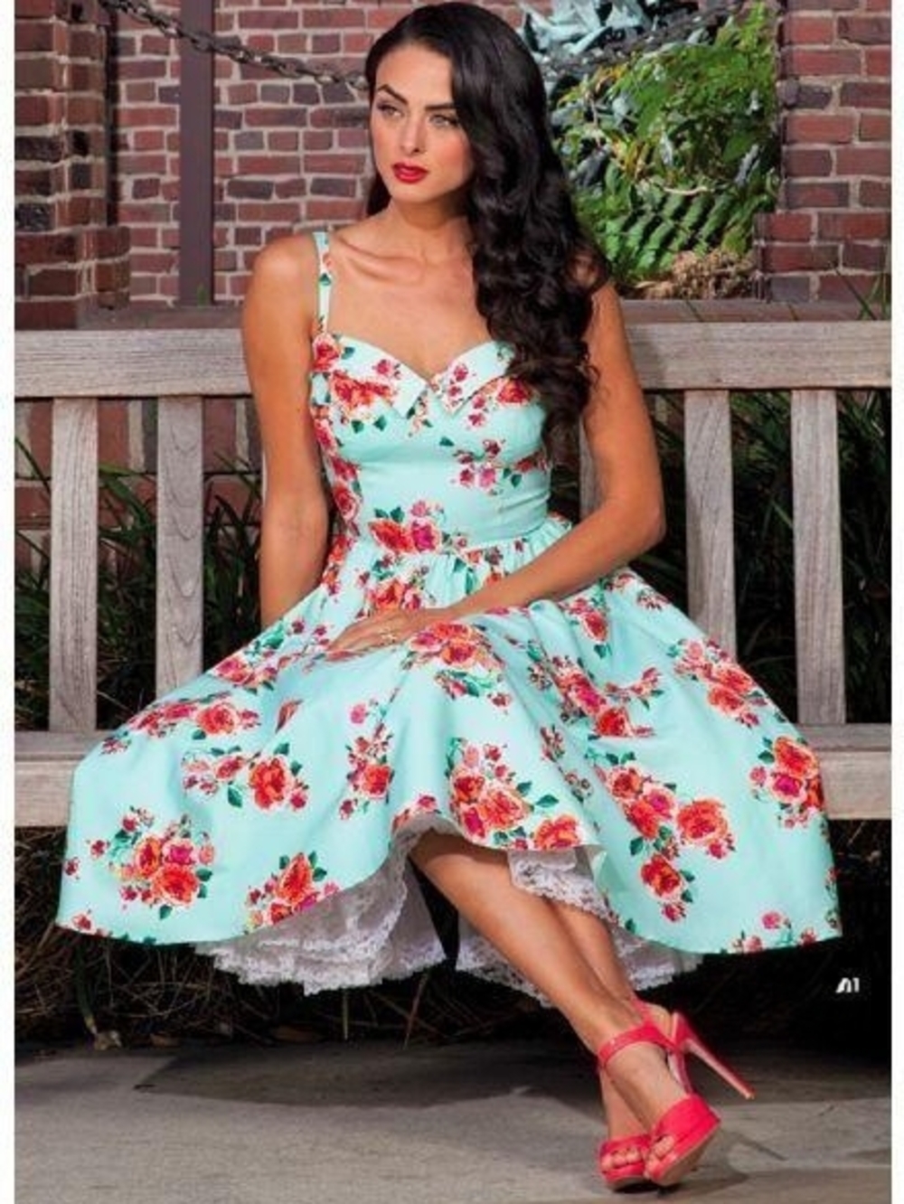 Retro Floral Fit-and-Flare Dress in Mint with Red Roses